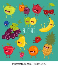 Apple, lemon, lime, pear, plum, apricot, blueberry, strawberry, pomegranate, grape, cherry, banana, orange, lime. Fruit set. Vector cartoon. Friends forever. Comic characters.