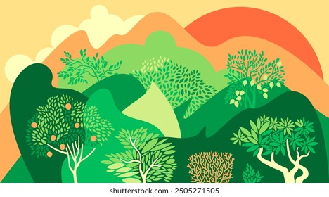 Apple and lemon orchard. Hilly landscape with fruit trees. Vector illustration.