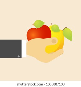 Apple lemon pear in hand. The concept of a natural healthy diet. Vector illustration .