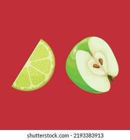 Corta de manzana y limón en un fondo rojo. Ilustración de lonchas de Apple y limón sobre fondo rojo