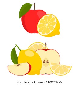 Apple and lemon, vector fruit  on white background. the whole fruit and cut into pieces. citrus.
