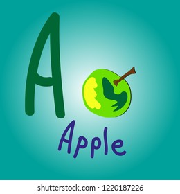 An apple with a letter and an inscription. Cartoon illustration for children's books. Educational picture on a blue background