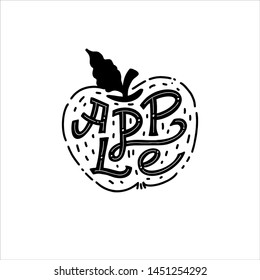 Apple Lettering- Hand-drawn vector black and white illustration on an isolated white background. Great fruit print for labels, juice or jams packs.