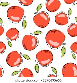 Apple line art, flat style seamless pattern. Hand drawn fresh apple. Vector sketch background. Color doodle wallpaper.