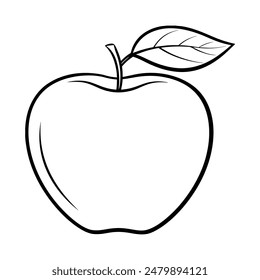 Apple line art illustration. Apple with leaf outline illustration. Healthy vegan food concept