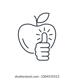 Apple en estilo de arte en línea con un gesto de aprobación.Icono lineal vector aislado en fondo blanco.