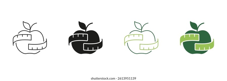 Apple Line and Silhouette Icon Set With Measuring Tape, Healthy Food And Vegan Diet. Organic Nutrition And Weight Loss. Editable Stroke. Isolated Vector Illustration.