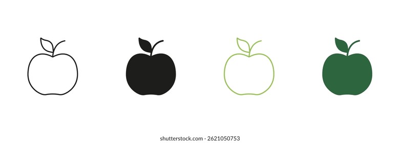 Apple Line and Silhouette Icon Set With Leaf, Healthy Food Choices And Organic Nutrition. Fresh Fruit Diet And Wellness Outline and Solid Icon. Isolated Vector Illustration.
