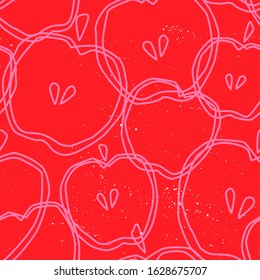  Apple line silhouette seamless pattern with large fruit pink shapes on a red background with noise, paint spray texture.