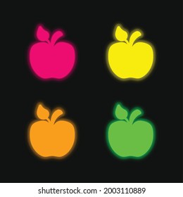 Apple With Little Leaf four color glowing neon vector icon