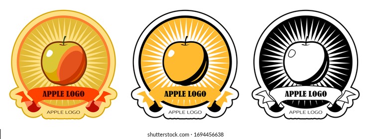 Apple logo design concept. Symbol of gardening, juice production. Set: full color, two-color for packaging and black for printing. Isolated on a white background.