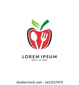 Apple logo design with spoon fork shape, fresh fruit logo template, nutritious food vector