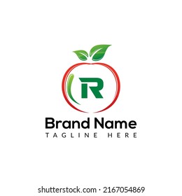 Apple Logo on Letter R Sign. Apple Icon with Logotype Concept