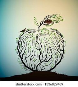 apple look like tree branches with nest and birds,  eco fruit idea, real nature product, take care of tree, vector