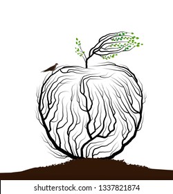 apple look like tree branches with nest and birds,  eco fruit on the white background idea, real nature product, take care of tree, vector