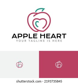 Apple Love Heart Fruit Healthy Food Line Logo