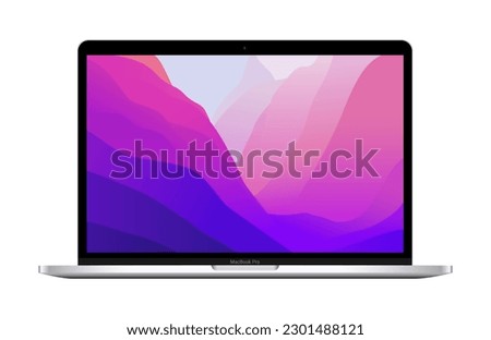 Apple MacBook Pro 13 with M2 chip in silver color, realistic vector illustration. The MacBook Pro is a line of Mac laptops made by Apple Inc