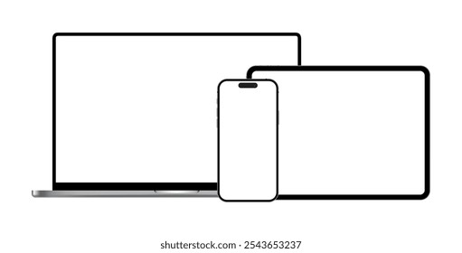 Conjunto vetorial de tablet laptop e dispositivo de telefone celular. Coleção moderna de maquete de smartphone em tela branca