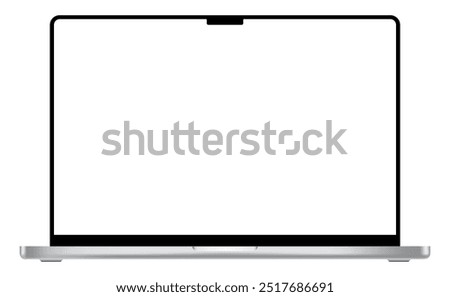 Apple MacBook Pro modern laptop mockup template with blank display and black frame. Notebook device with notch and silver touchpad. Product advertisement and showcase object. Vector illustration