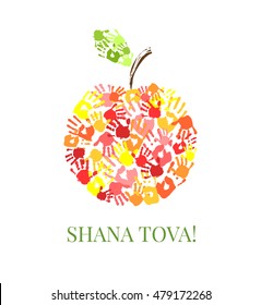 Apple made from hands. Creative greeting card design for Jewish New Year, Rosh Hashanah. Vector illustration