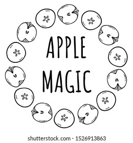 Apple magic. Cute cut in half apples natural drawn decorative wreath cozy poster. Autumn banner. Cartoon style ornament
