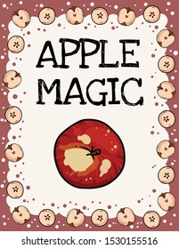 Apple magic flyer. Cute cut in half apples natural drawn poster. Cartoon decoration banner