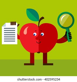Apple with magnifier glass and document searching. Flat style vector illustration. Funny cartoon character for agriculture or food design