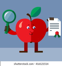 Apple with magnifier glass and graduation diploma. Flat style vector illustration. Funny cartoon character for agriculture or food design