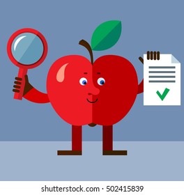 Apple with magnifier glass and OK checklist. Successful searching. Flat style vector illustration. Funny cartoon character for agriculture or food design