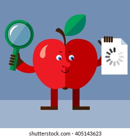 Apple with magnifier glass and preloader icon. 