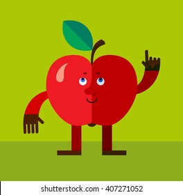 Apple making attention gesture with forefinger. Flat style vector illustration. Funny cartoon character for agriculture or food design