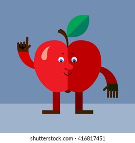 Apple making attention gesture with forefinger. Flat style vector illustration. Funny cartoon character for agriculture or food design
