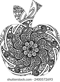 Apple Mandala floral pattern made in Mehndi style. Apple Mandala coloring page.