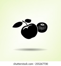 Apple and mandarin icon. Two fruits black silhouette with shadow on light green background. Flat design. Vector isolated Apple and mandarin icon. Two fruits black silhouette with shadow on light green background. Flat design. Vector isolated