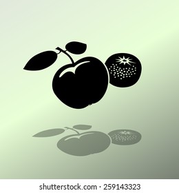 Apple and mandarin icon. Two fruits black silhouette with shadow on light green background. Flat design. Vector isolated