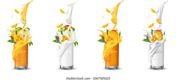 Apple and mango fruit juice splashing into the glass with swirl. Green apple and mango slices falling into the cup. Glass milk juice set. Cocktail mix. Mango slices cubes. 3d Realistic Vector.