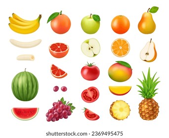 Manzana y mango, pomelo y naranja, pera y sandía verano frutas realistas. Tomate y uva, plátano y piña enteros y cortar alimentos vegetales sanos, ilustración vectorial 3D