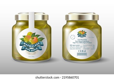 Apple marmalade. Ripe apple and silk ribbons. White round label for sweet preservation. Mockup of a glass jar with a label.