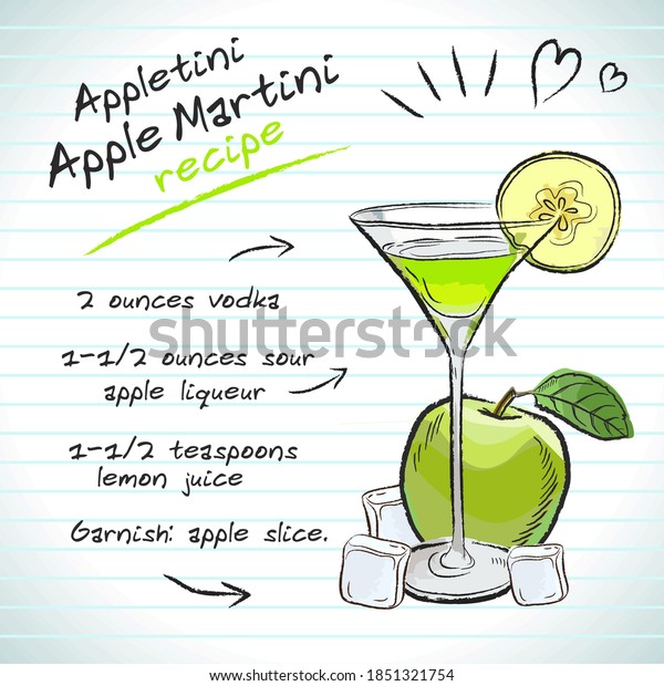 Apple\
Martini cocktail, vector sketch hand drawn illustration, fresh\
summer alcoholic drink with recipe and\
fruits