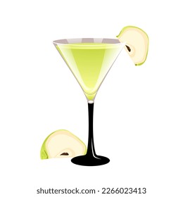 Apple martini cocktail.Refreshing alcoholic drink with a slice of apple.Vector illustration.