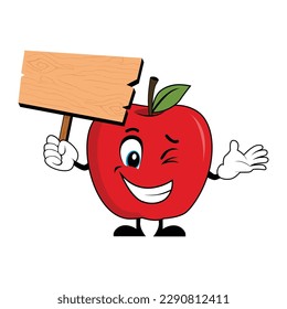 Apple Mascot Cartoon Holding Up A Blank Wood Sign. Suitable for poster, banner, web, icon, mascot, background