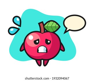 Apple mascot character with afraid gesture