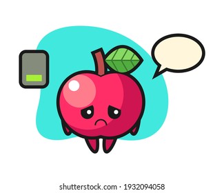 Apple mascot character doing a tired gesture