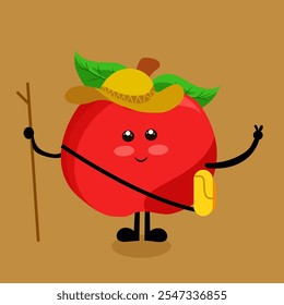 Apple mascot character as hiker cute design, Cute fruit tourist vector cartoon character., Cartoon apple with a smile, Apple character as a tourist