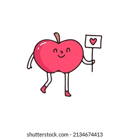 Apple mascot character holding love sign, illustration for t-shirt, street wear, sticker, or apparel merchandise. With retro, and cartoon style.