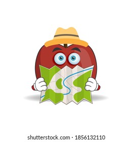 The Apple mascot character holds a map. vector illustration
