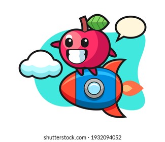 Apple mascot character riding a rocket