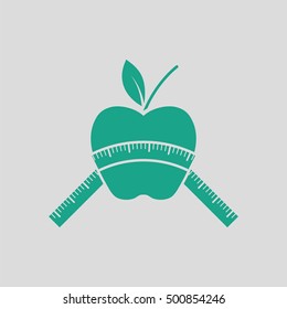 Apple with measure tape icon. Gray background with green. Vector illustration.