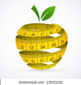 Apple and measuring tape, Diet symbol. Vector illustration