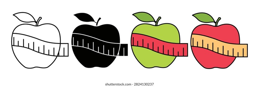 Apple with measuring tape, diet and weight loss concept, outline vector icon isolated.